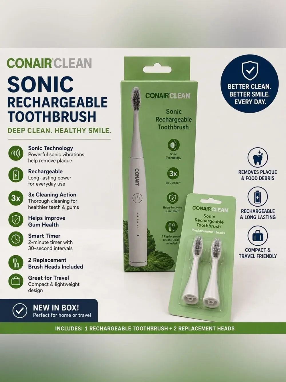 Conair Clean Sonic Rechargeable Toothbrush w/ 2 Replacement Heads NIB
